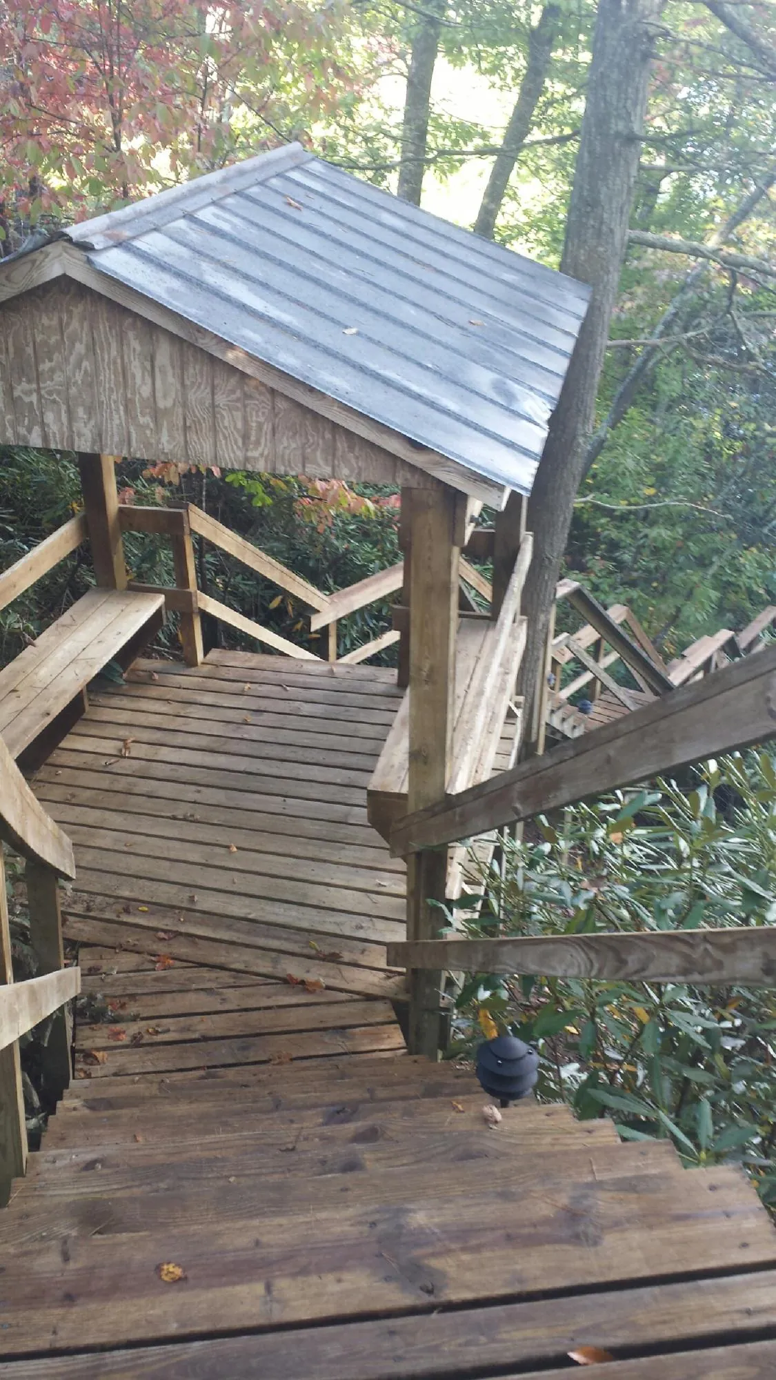 Metal roofed shelter over wooden steps on a wooded walkway — Skylight Repair & Installation work by our crew in Pryor